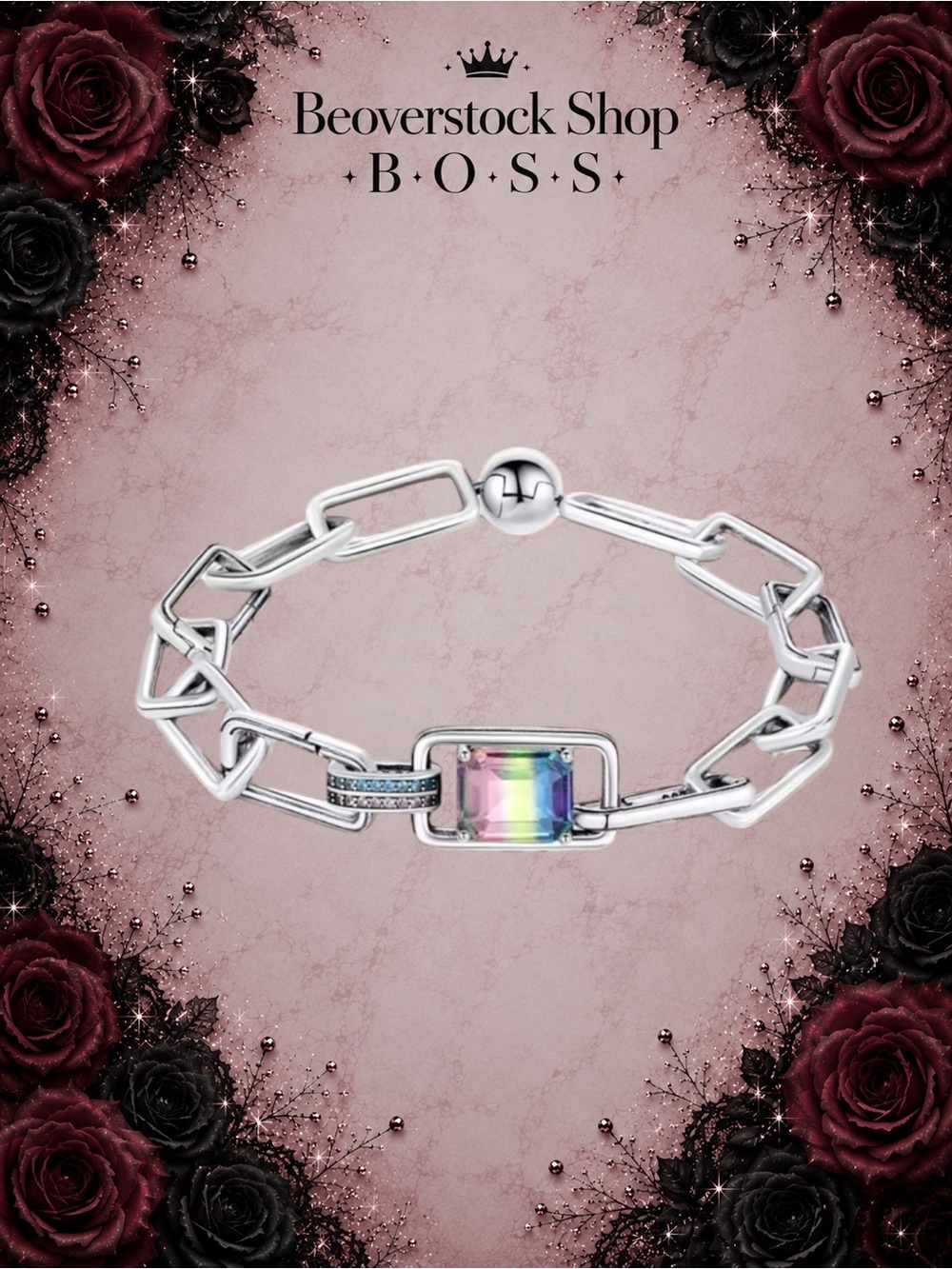 New .925 Sterling Silver Charm bracelet (charms not included) with rainbow stone